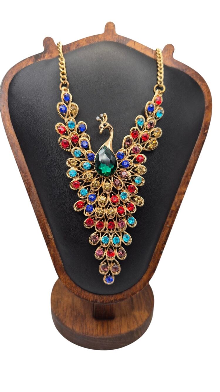 Vintage 1960s Peacock Rhinestone Statement Necklace Articulated